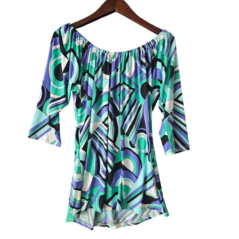 ANNA LEE‎ Off Shoulder Geometric Tunic Top Blouse Colorful Pattern M